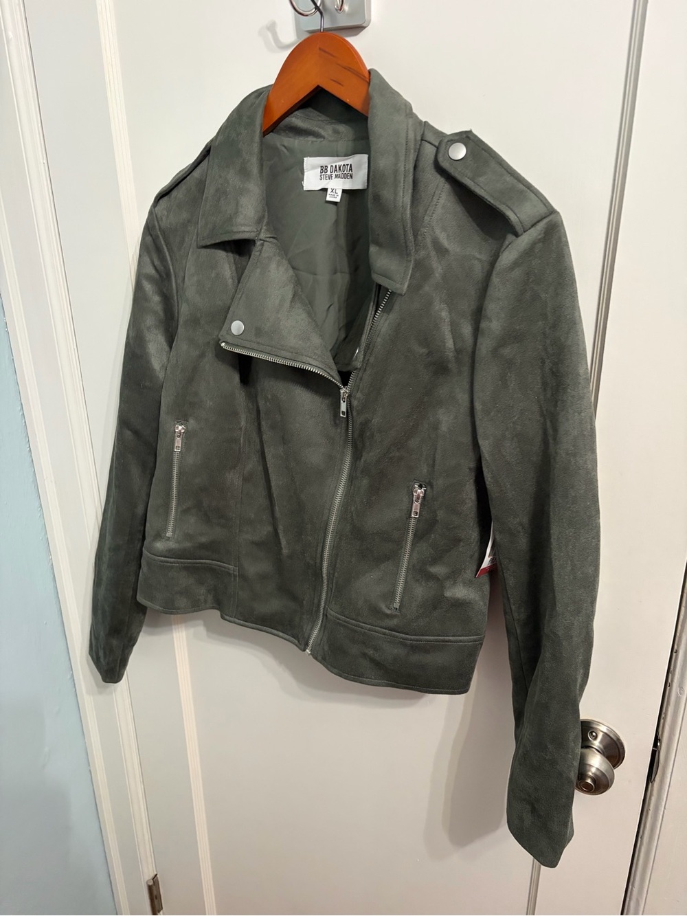 NWT BB Dakota Steve Madden Faux Suede Moto Jacket Olive Gray Size XL $99